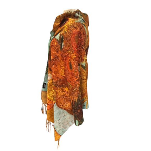 Van Gogh Sunflowers Print Shawl Wrap Scarf With Fringe Edges Lightweight & Versa - Picture 3 of 8